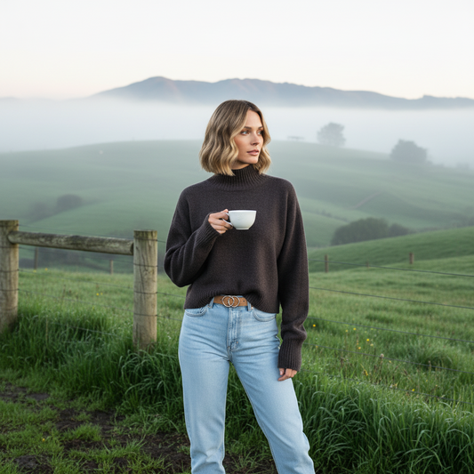 Woman holding a cup in a field with misty hills in the background