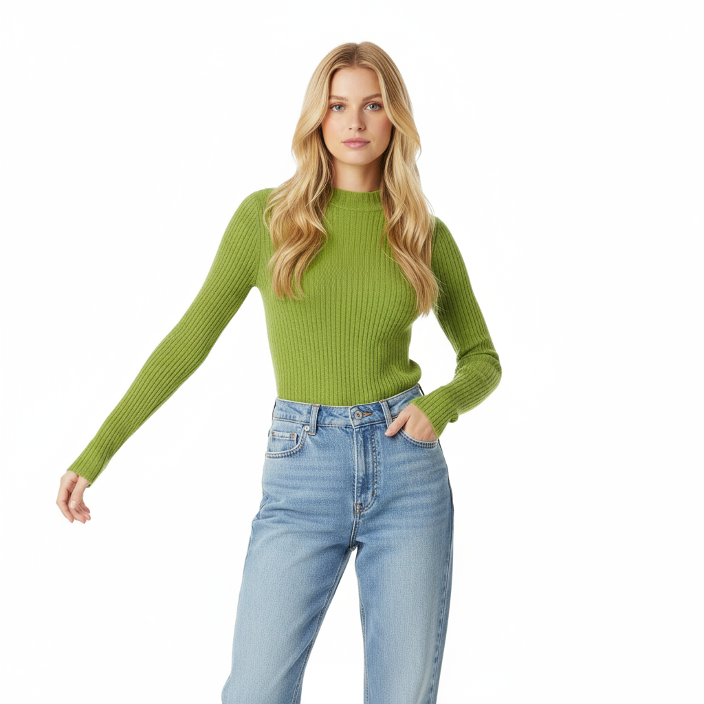 Woman wearing a green ribbed sweater and light blue jeans on a white background