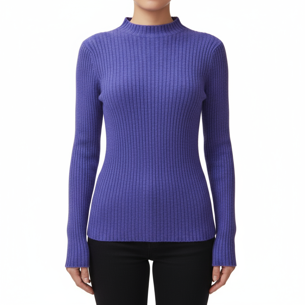 Purple ribbed sweater worn by a person on a white background