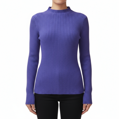Purple ribbed sweater worn by a person on a white background