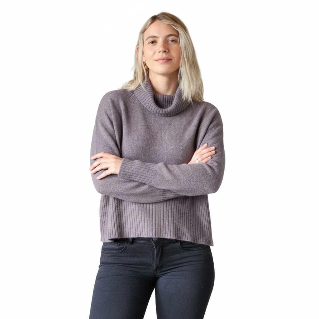 Woman wearing a smoke gray turtleneck sweater and dark jeans on a white background