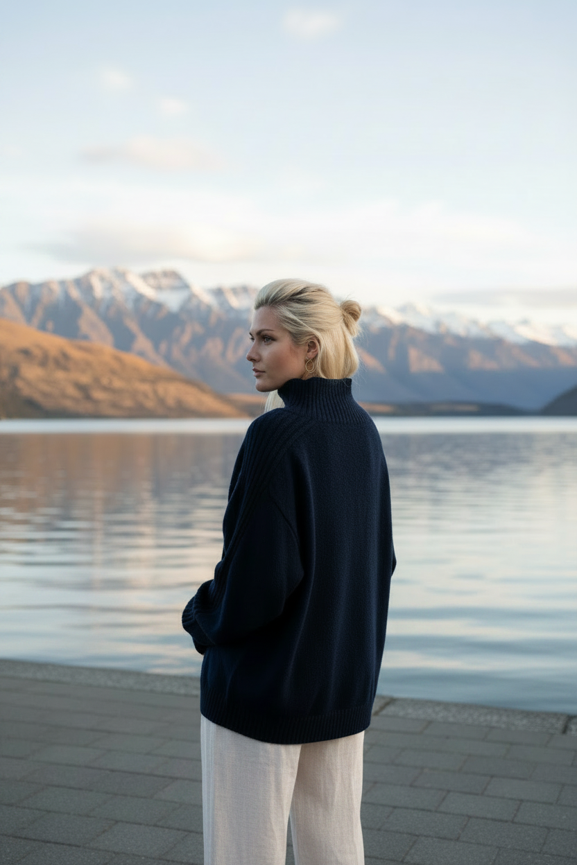 Woman standing by a lake with mountains in the background