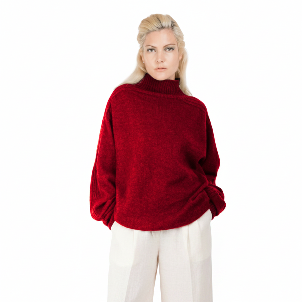 Person wearing a red sweater and white pants on a white background