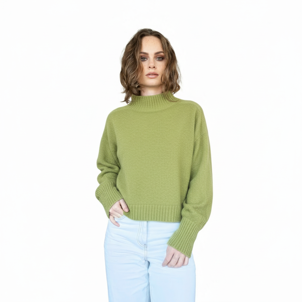 Woman wearing a green sweater and light blue jeans on a white background