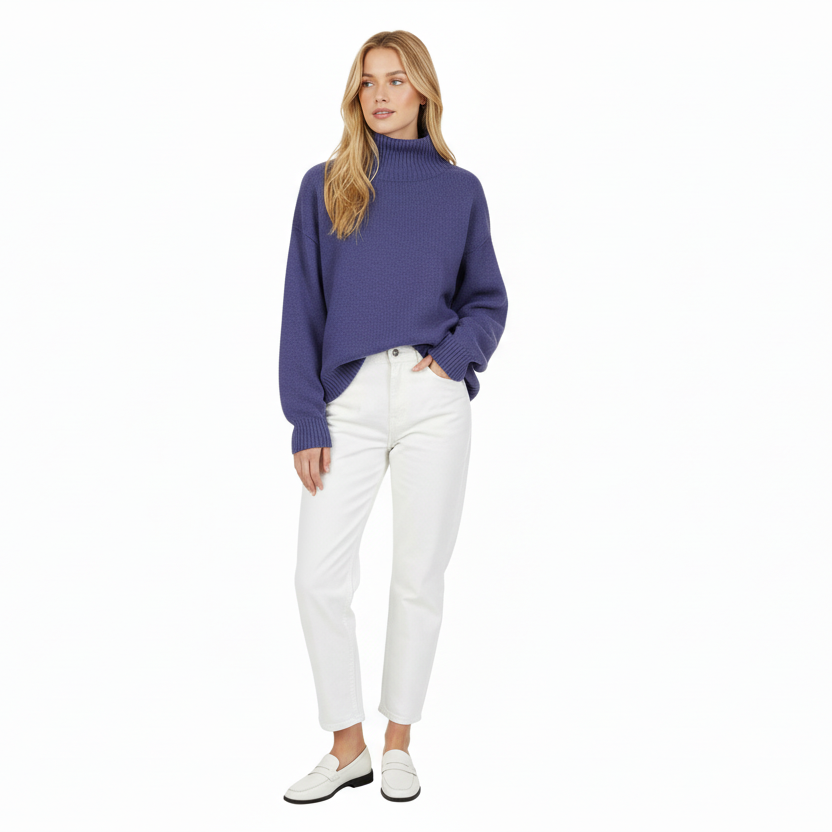 Woman wearing a purple sweater and white pants on a white background