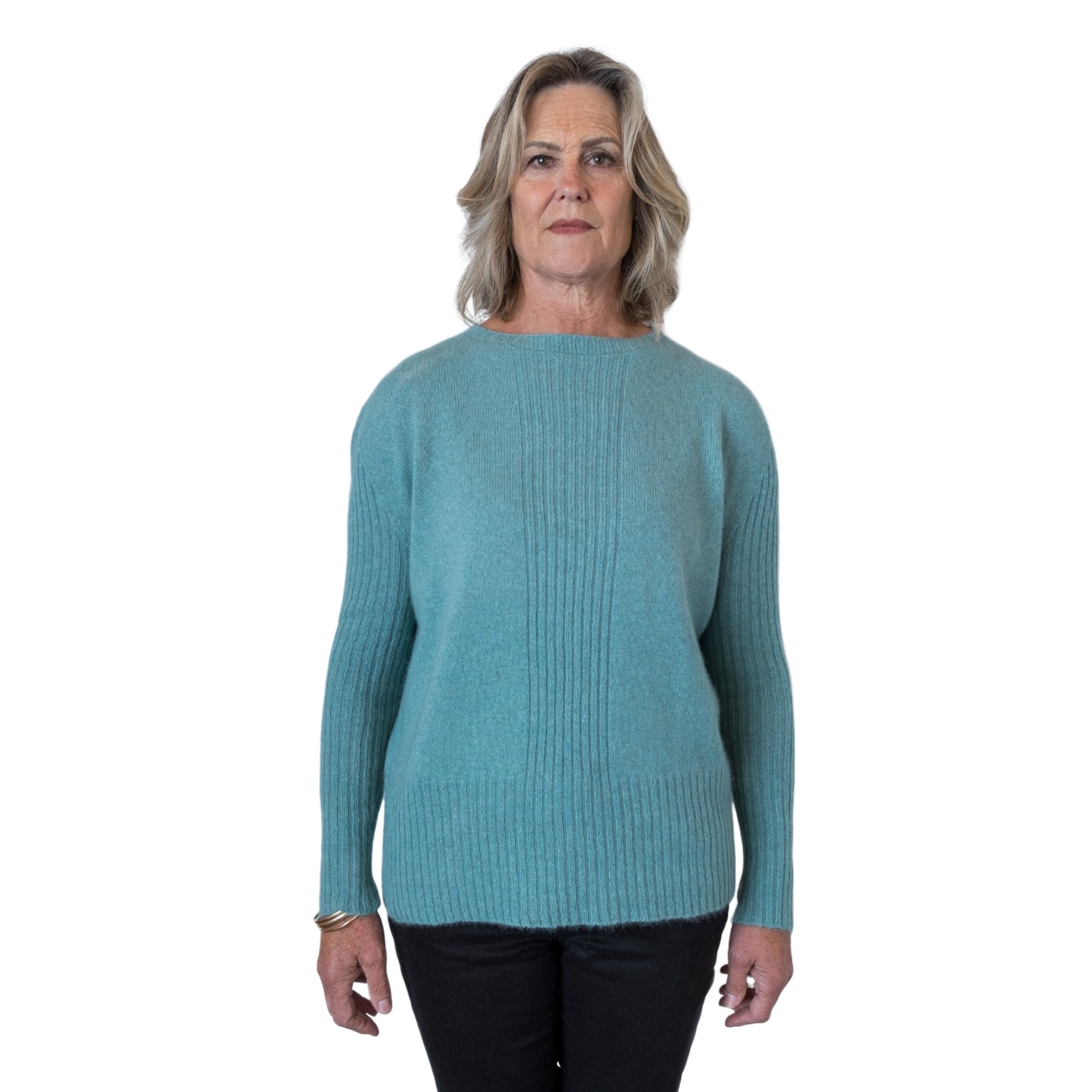 Centre Front Rib Sweater in colour Seafoam. Front