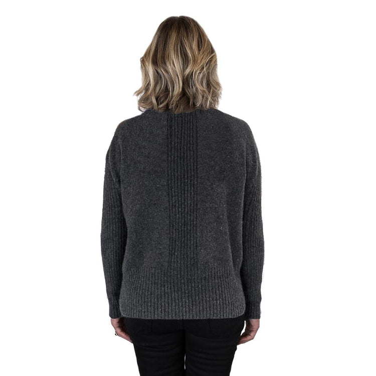 Centre front rib knit sweater in colour charcoal. Made from NZ merino Possum and nylon