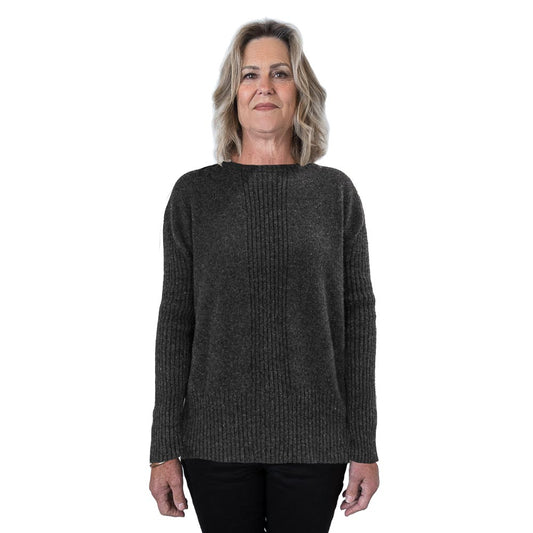 Centre front rib knit sweater in colour charcoal. Made from NZ merino Possum and nylon