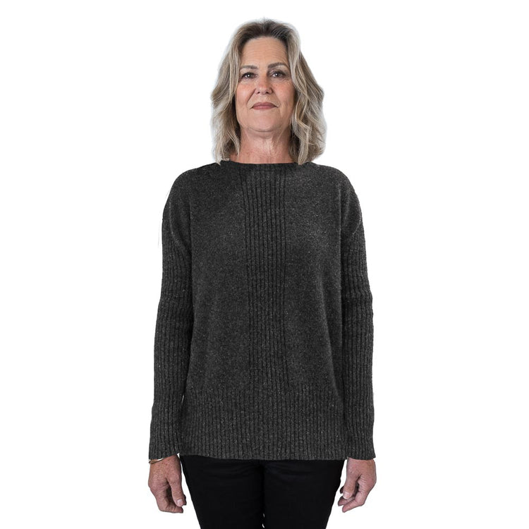 Centre front rib knit sweater in colour charcoal. Made from NZ merino Possum and nylon