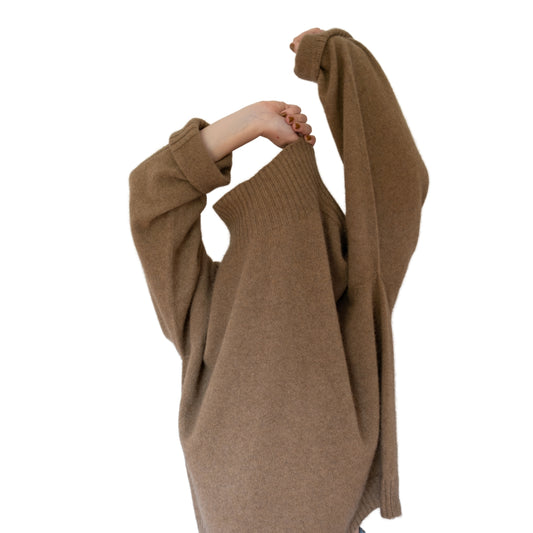 Sports Stripe Jumper in colour caramel. Front. New Zealand made Merino possum Angora and silk jumper in a caramel brown and oversize shape