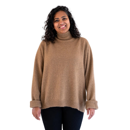Sports Stripe Jumper in colour caramel. Front. New Zealand made Merino possum Angora and silk jumper in a caramel brown and oversize shape