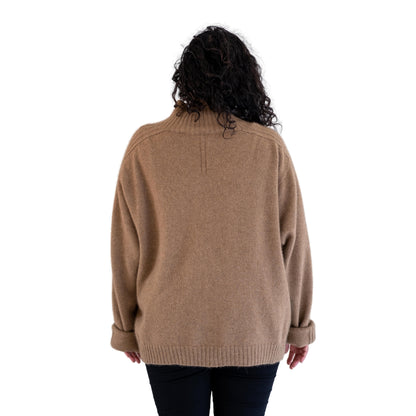 Sports Stripe Jumper in colour caramel. Back. New Zealand made Merino possum Angora and silk jumper in a caramel brown and oversize shape