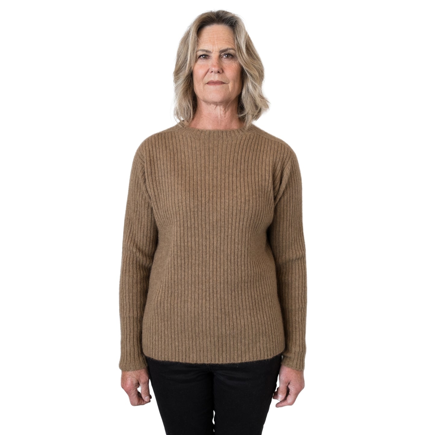  New Zealand made Merino possum Angora and silk jumper in a caramel brown. Fully ribbed sweater with long ribbed sleeves and a mock neck. Front view