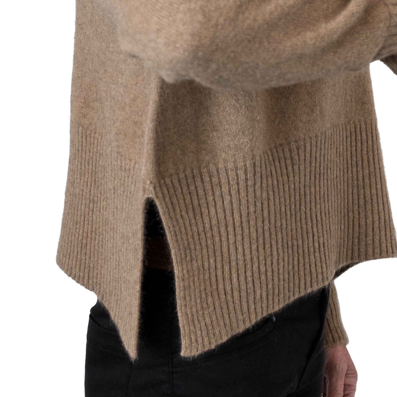 Split Hem Sweater in colour Caramel. Detail of split in Hem