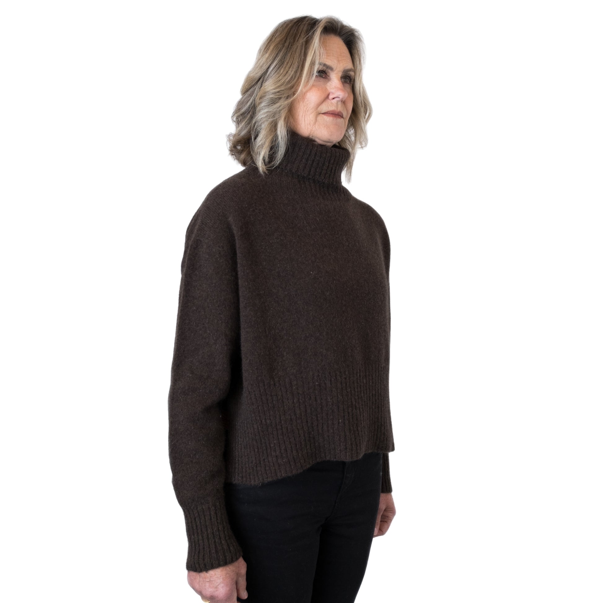 Split Hem Sweater in colour Kiwi. Loose turtleneck. Side