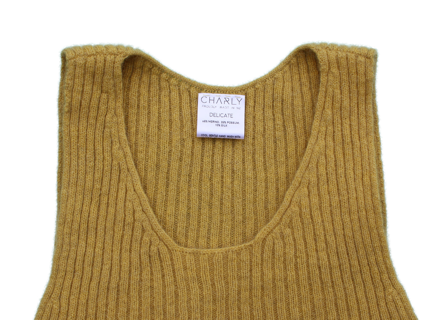 detail of knitted scoop neckline on tank top